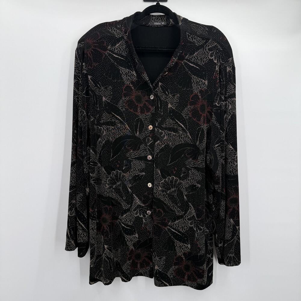 Vikki Vi Shirt Womens 3X Black Floral Button Up Long Sleeve Plus Size USA